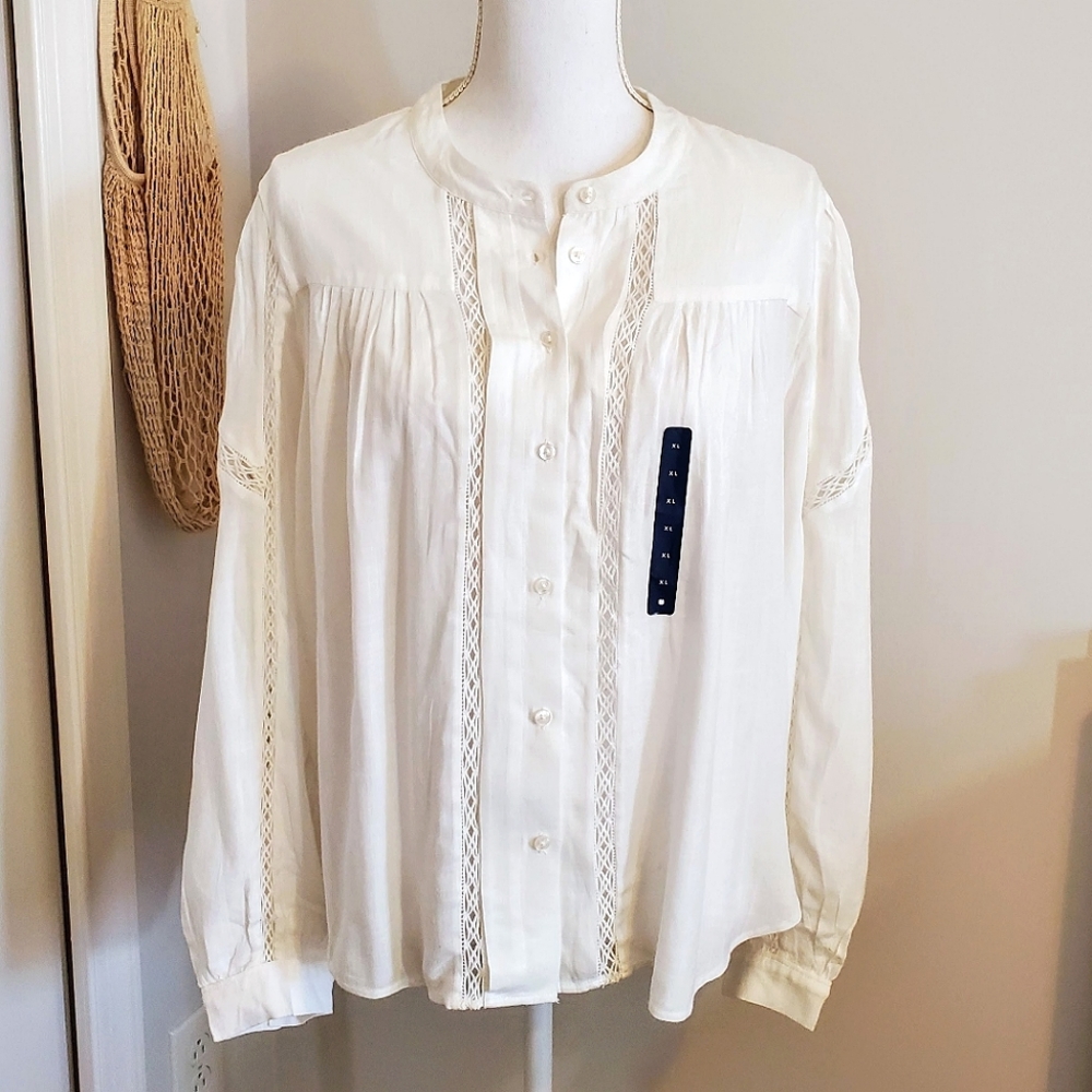 Lucky Brand Lace Front Feminine Classic Ivory Cream Button Down Shirt - XL NWT - Picture 5 of 14
